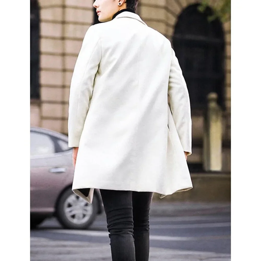 Men's White Wool Blend Pea Coat Notched Collar Single Breasted Overcoat